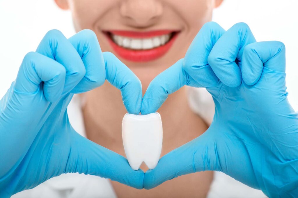 Close portrait of young woman dentist with healthy wide smile holding artificial tooth on white background