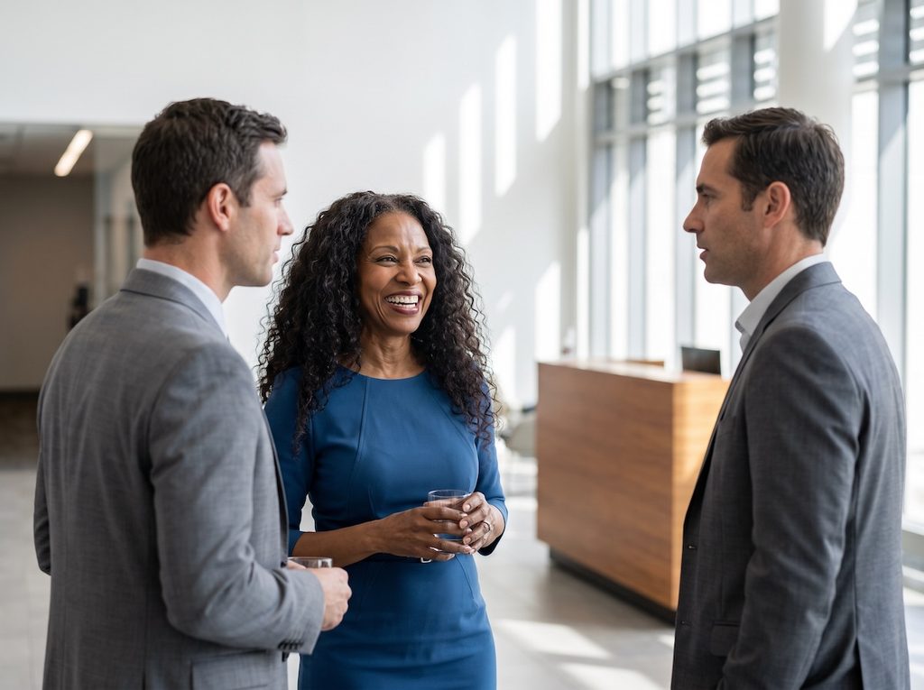 Smiling woman in a blue dress talking with two colleagues in suits at a professional networking event